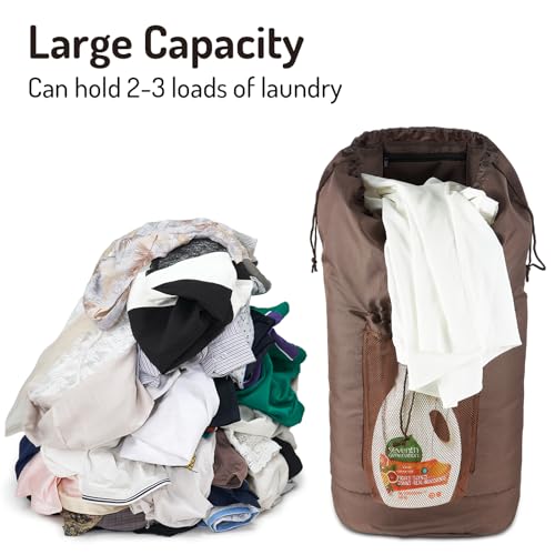 Seiritex Large Laundry Backpack Bag with Detergent Holder and Adjustable Shoulder Straps, Clothes Laundry Backpack for College, Travel, Apartment, Laundromat, Dorm Room (Brown) - color: Brown
