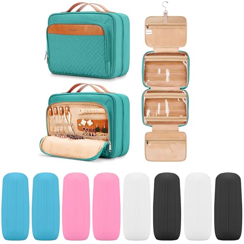 COOSKY Travel Hanging Toiletry Bag for Women, Large Makeup Bag 8 Leak Proofing Silicone Bottle Covers, Waterproof Cosmetic Bag with Jewelry Organizer Compartment, Toiletries Kit Set, Blue - color: Blue, size: Large*1 + Leak Proofing Bottle Covers*8
