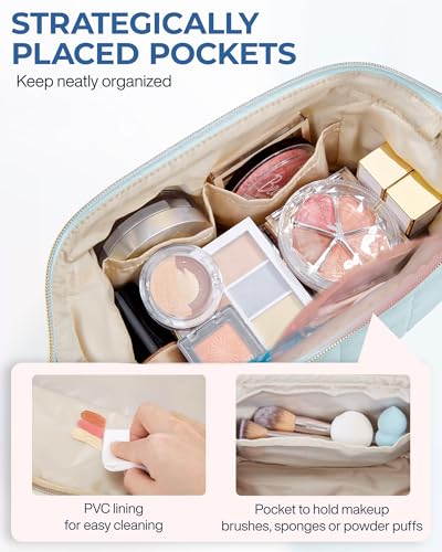BAGSMART Makeup Bag Travel Toiletry Bag, Puffy Padded Make Up Bags for Women Makeup Organizer Case, Wide-open Pouch Purse Travel Essentials Toiletries Accessories Brushes, Light Blue - color: 13-Mint Green
