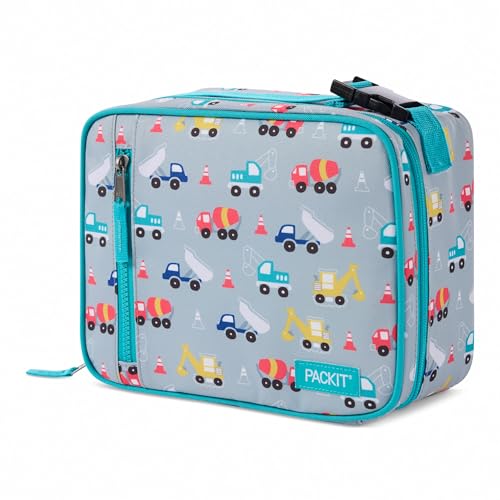PackIt Freezable Classic Lunch Box, Construction Trucks, Built with EcoFreeze Technology, Collapsible, Reusable, Zip Closure With Zip Front Pocket and Buckle Handle, Designed for Fresh Lunch On the Go - color: Construction Trucks