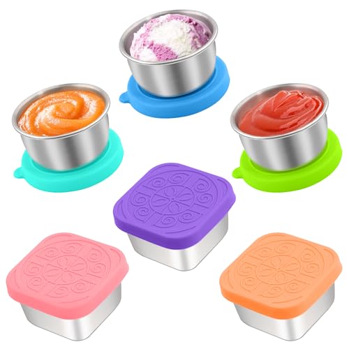 Qukaka 6 PCS Salad Dressing Container to Go,Handy Leakproof Stainless Steel Meal Prep Containers Reusable,Sauce Containers for Lunch Box, Picnics, Travel, Office and Kitchen Storage-1.6oz+2.7oz - color: Rainbow, size: 1.6oz Round+2.7oz Square