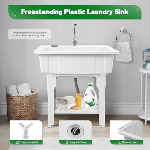 Freestanding Plastic Laundry Sink with Washboard, Indoor Outdoor Utility Sink with Cold and Hot Water Faucet, Hoses and Drain Kit for Laundry Room, Garage, Garden (31.5×22.05×31.5 Inch) - color: White, 31.5 x 22.1 x 31.5in