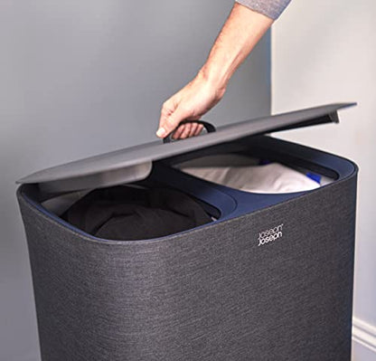 Joseph Joseph Tota 90 liter/23.8 gallon Laundry Hamper Separation Basket with lid, 2 Removable Washing Bags with Handles - Dark Blue - color: Dark Blue, style: Dual Compartment 90L