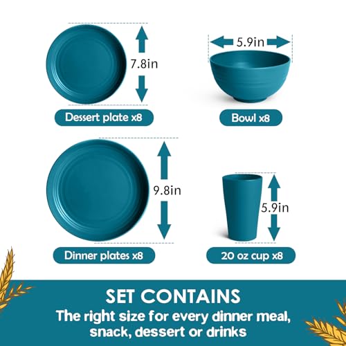 Teivio 32-Piece Kitchen Plastic Wheat Straw Dinnerware Set, Service for 8, Dinner Plates, Dessert Plate, Cereal Bowls, Cups, Unbreakable Colorful Plastic Outdoor Camping Dishes, Dark Blue - color: Dark Blue