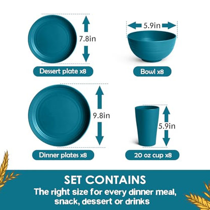 Teivio 32-Piece Kitchen Plastic Wheat Straw Dinnerware Set, Service for 8, Dinner Plates, Dessert Plate, Cereal Bowls, Cups, Unbreakable Colorful Plastic Outdoor Camping Dishes, Dark Blue - color: Dark Blue