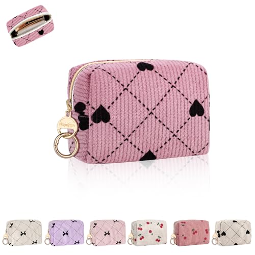 Mini Makeup Bag, Corduroy Small Cosmetic Bag for Purse with Ring Buckle, Travel Makeup Pouch for Lipsticks, Chapsticks, Coin, Earphone, Credit Card (Hearts-Pink) - color: Hearts-Pink