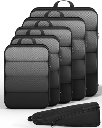 Veken 6/9/11 Set Compression Packing Cubes for Travel Essentials,Compressible Expandable Large Luggage Suitcase Organizer Bags for Clothing,Durable Space Saver Storage Bags(Black) - color: Black, size: 6 set