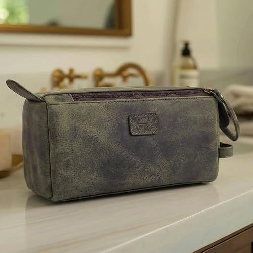 LEATHER VILLAGE Genuine Leather Travel Toiletry Bag - Water-Resistant Dopp Kit for Toiletries, Large Shaving Bag & Bathroom Organizer - Gift for Men & Women - Olive - color: Olive
