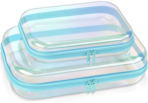Clear Hard Shell Zipper Case,Toiletries Bag,Makeup Bag,2pcs Large Capacity Water-resistant Toiletry Bag,Portable Travel Organizer and Storage,Bathroom Clear Cosmetic Case for Women - color: Blue