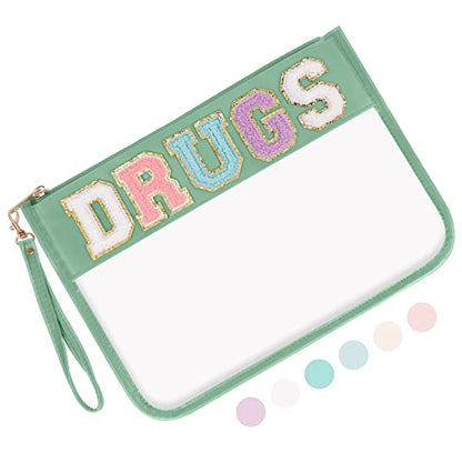 Iqimott Chenille Letter Clear Bag Drugs Pouch, Monogram PVC & PU Makeup Cosmetic Bag Zipper Toiletry Pouch, Waterproof Portable Purse Travel Beach Snack Wristlet Bags for Women Girls(Drugs,Green) - color: Drugs-NewGreen