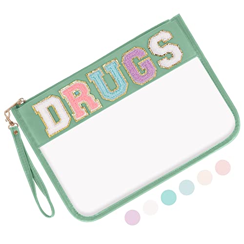Iqimott Chenille Letter Clear Bag Drugs Pouch, Monogram PVC & PU Makeup Cosmetic Bag Zipper Toiletry Pouch, Waterproof Portable Purse Travel Beach Snack Wristlet Bags for Women Girls(Drugs,Green) - color: Drugs-NewGreen