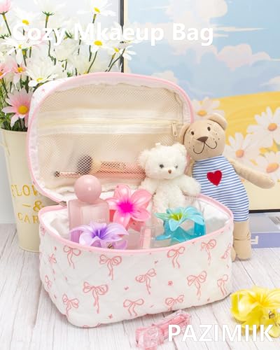 3PCS Makeup Bag SET Large Travel Quilted Zipper Soft Cosmetic Case Pouch for Women Girls Make Up,Bow Pink - color: Bow Pink, size: 3 PCS SET