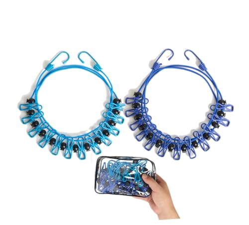 2 Pack Retractable Portable Clothesline, Windproof Clothes Line for Outdoor Camping, Travel, Laundry Drying with 12 Clips for Cruise, Hotel & Home-Sapphire Blue & Sky Blue - color: Sapphire Blue & Sky Blue