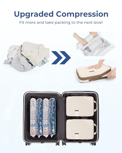 BAGSMART 8 Pcs Compression Packing Bags Set with 4 Pack Vacuum Bags Storage for Cruise Travel Essentials, Hand-rolled Space Saver Vacuum Storage Bags, Baby Pink