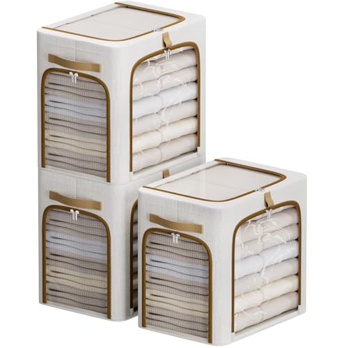 CYhom Clothes Storage Bins with Metal Frame,3 See-Through Windows Openings Clothing Storage Bin,3 Pack Foldable Storage Bins Boxes for Closet (White, 55L-16.5 x 12.6 x 16.1IN) - color: White, size: 16.5 x 12.6 x 16.1 in