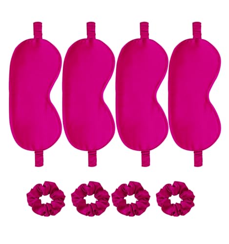 Satin Eye Mask 8Pcs Silk Sleep Masks Silky Blindfold Eyeshade Blackout Eyes Cover Scrunchies Hair Ties Travel Wedding Gifts - color: Hot Pink