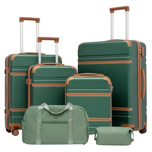 LONG VACATION Luggage Set 6 Piece Suitcase with Spinner Wheels, ABS+PC Hardshell Luggage with TSA Lock & YKK Zipper - color: Green Brown, size: 6 Piece Set