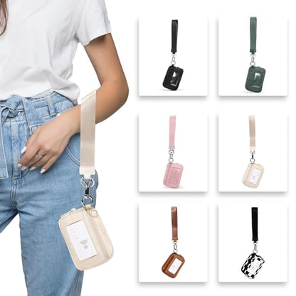 Beige Mini Zip Card Case for Women with Clear ID Window, Coin Purse, Lightweight Small Zipper Wallet,Portable Organizer - color: Light Beige