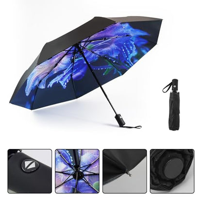 SY COMPACT Travel Umbrella - Windproof Automatic Compact Umbrella for Rain, Lightest 8-Rib, Small, Strong & Portable, Durable Grip, Fits Backpack & Car, Factory Direct (UV Available) - color: UPF-Bellflower