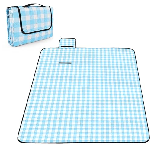 OBTANIM Extra Large Picnic Blanket 60 x 80 Inch Waterproof Foldable Beach Blankets Outdoor Picnic Mat for Camping Grass Lawn Park Music Festival Party Accessories (Blue and White) - color: Blue and White, size: 60 x 80 Inch