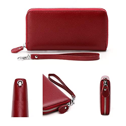 Moflycom Womens Wallet RFID Blocking Genuine Leather Zip Around Wallet Clutch Wristlet Travel Long Purse for Women - color: Deep Red