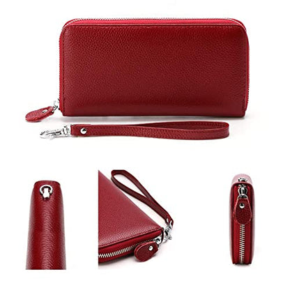Moflycom Womens Wallet RFID Blocking Genuine Leather Zip Around Wallet Clutch Wristlet Travel Long Purse for Women - color: Deep Red