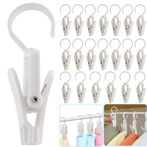 VinBee 20 PCS Laundry Hooks with Clips Super Strong Plastic Home Travel Swivel Hanging Hanger Closet Organizer Clamps Socks Boot Bras Towels for Bathroom Wardrobe Kitchen Office - 4.3 Inches (White) - color: White