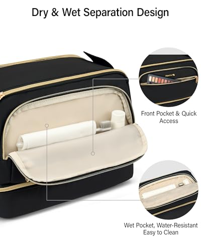 Hanke Travel Toiletry Bag, Lightweight Wide-open Makeup Bag, Dual-Layer Travel Bag for Toiletries Water-Resistant Cosmetic Bags Large Toiletry Bags for Women & Men, Travel Essentials, Black - color: Black
