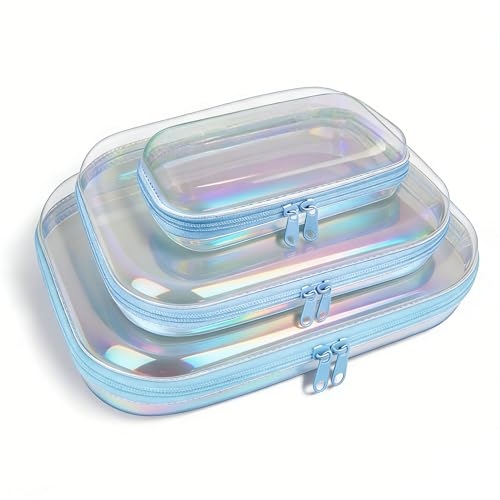 Clear Hard Shell Zipper Case,3PCS Transparent Clear Laser Zipper Pouches,Hard Side Plastic Case Set,Portable Travel Storage Organizer Bins - color: 3pcs-Blue-LMS-Laser