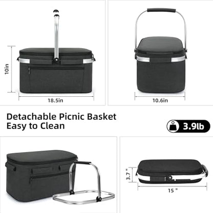 ALLCAMP Picnic Basket - 2 Ice Box Included 32L Insulated Cooler, Thickening Foldable Picnic Basket with Removable Baskets & Sewn-in Frame, Basket for House Warming Gifts New Home(Black) - color: Black, size: Large