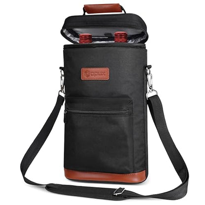 opux Wine Bag 2 Bottle Wine Tote Carrier, Insulated Wine Cooler Bag for Travel Picnic, Leakproof Portable Bottle Padded Case, Wine Gifts For Women Men Wine Lovers Christmas, Black - color: Solid Black