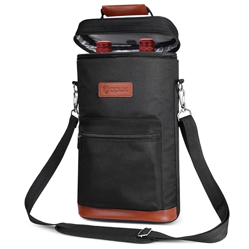 opux Wine Bag 2 Bottle Wine Tote Carrier, Insulated Wine Cooler Bag for Travel Picnic, Leakproof Portable Bottle Padded Case, Wine Gifts For Women Men Wine Lovers Christmas, Black - color: Solid Black