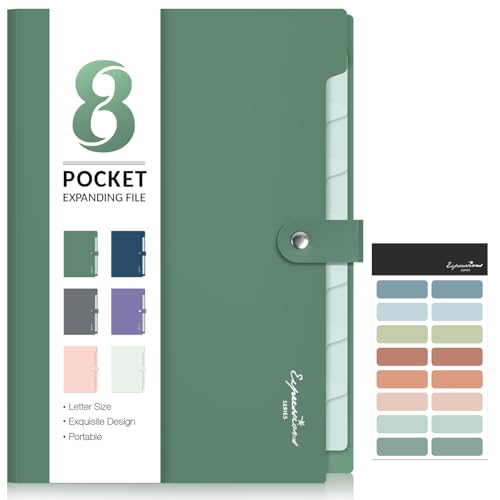 Sooez Elegant Accordion File Organizer, 8 Pocket Expanding File Folders with Labels, Portable Folder for Documents, Cute Paper Organizer for School Office Supplies, Letter Size, Dark Green - color: Dark Green