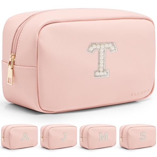 VLANDO Teacher Appreciation Gifts Personalized Birthday Gifts Makeup Kit Teen Girls Gifts Preppy Makeup Bag Small Cosmetic Bag Travel Graduation Gifts for Women T - color: 03-Pink-T