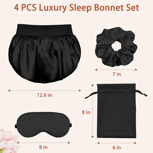 Satin Hair Bonnet Set for Sleeping, Hair Wrap Sleep Bonnets for Women Sleeping, Soft Bonnet for Long Hair, 4 PCS - color: Black
