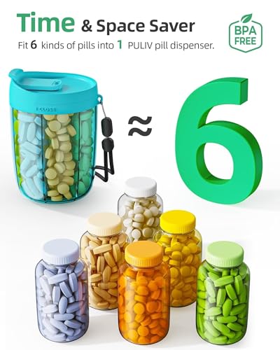 PULIV Large Pill Bottle Organizer, Supplement Organizer for Holding 6 Various Vitamins, Pill Box Case with Anti-Mixing & Wide Opening Design, Easy to Retrieve Meds and 20 Pcs Stick-on Labels, Blue - color: Blue