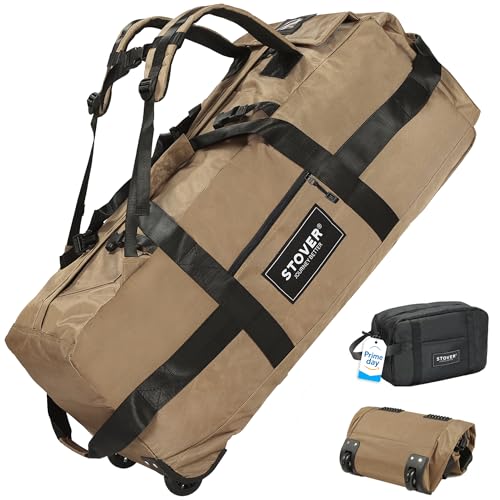 STOVER 45/80/100L Rolling Duffel Bag with Wheels, Large Durable Travel Duffle + Toiletry Bag, Heavy Duty, Packable, Foldable with Shoulder Straps- Use as Luggage or Backpack, Men/Women (Tan) - color: Tan