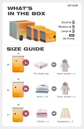 AirVault Vacuum Storage Bags for Travel & Home - Space Saver Compression Packing Bags Set for Clothes, Blankets & Seasonal Storage, Small (5), Medium (5), Large (5) (Orange,15-Pack Combo) - style: 15-Pack | Combo (S/M/L)