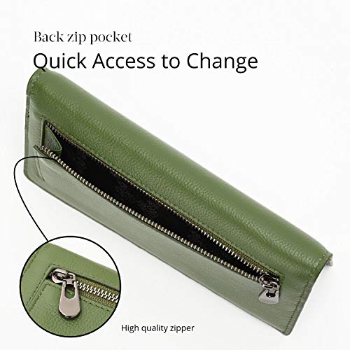Bveyzi Ultra Slim Thin Leather RFID Blocking Credit Card Holder Bifold Clutch Wallets for Women - color: Olive Green