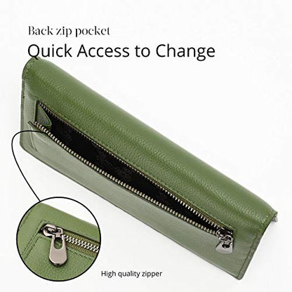 Bveyzi Ultra Slim Thin Leather RFID Blocking Credit Card Holder Bifold Clutch Wallets for Women - color: Olive Green