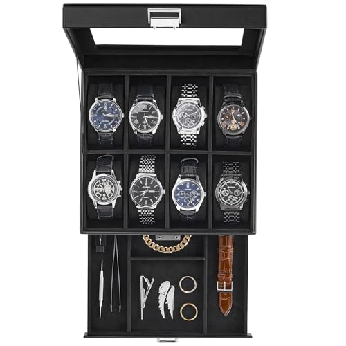 ProCase Watch Case, 8 Slot Mens Watch Box Holder Organizer with Glass Lid, 2-Layer Watches Display Case, Mens Jewelry Box with Drawer, Birthday Valentine Gifts for Men Women -8 Slot, Black - color: Black, size: 8-Slot