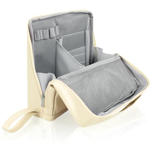 Standing Makeup Bag, Stand Up Makeup Bag with Multiple Compartments, Waterproof Portable Foldable Travel Makeup Bag Standing Toiletry Bag with Brush Storage for Women (Beige) - color: Beige