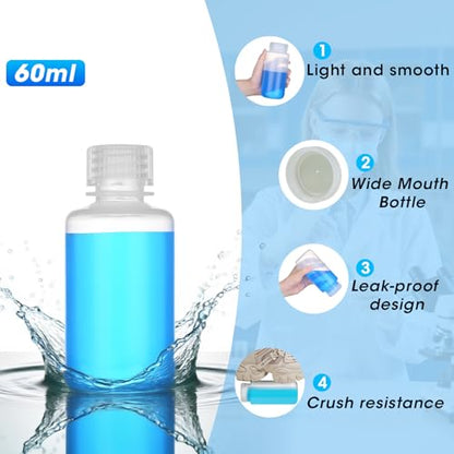2oz/60ml Plastic Sample Bottles with caps, Wide Mouth Reagent Bottle with Lids Leak Proof Containers Water Sample Bottles for Laboratories, Travel(10Pcs) - style: 60ML-10pcs