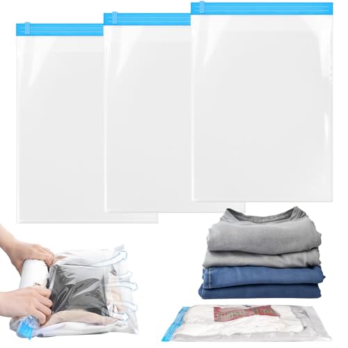 3PCS Compression Bags for Travel Essential, 50x35cm Space Saver Bags, Vacuum Storage Bag No Vacuum and Pump Needed for Clothing Storage, Cruise Accessories, Camping Luggage & Home Organizers