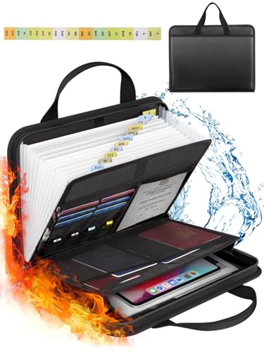 onvvippiv Important Document Organizer Folio Accordion File Organizer Fireproof Expanding File Folder Storage Box with Zipper Labels 13 Pockets for Business Office Receipt Travel - color: Black, style: Classic