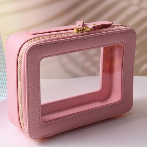 SANHECUN Toiletry bag waterproof cosmetic organizer with handle large opening for travelling (Pink) - color: Pink