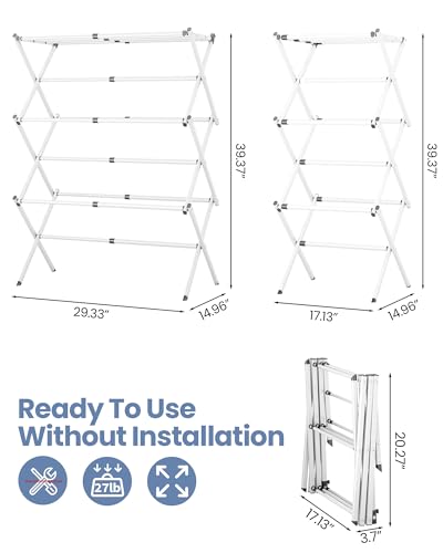 APEXCHASER Oversize Clothes Drying Rack, 3-Tier Drying Rack Clothing, Expandable Metal Laundry Drying Rack, Air Drying Rack, Clothes Rack, No install, 24lb Capacity, 14.9" D x 29.3" W x 39.3" H, White - color: White
