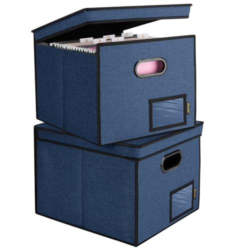 BALEINE File Organizer Box with Lid, Collapsible File Folder Organizer with Plastic Slide, Hanging File Folder Box for Office Document Storage (Tab Friendly, 2 Pack, Blue) - color: Blue, size: 2 Pack (Tab Friendly)