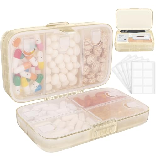 FYY Weekly Pill Organizer with Labels,8 Compartments Travel Daily Pill Case Airtight Moistureproof Large Pill Box to Hold Vitamins, Fish Oil, Supplements,Cotton Swab and Bandages-Beige - color: Beige