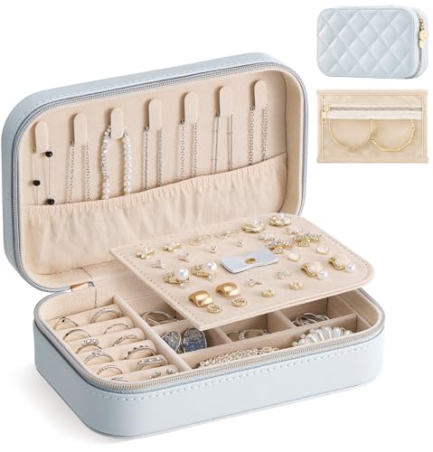 Lolalet Travel Jewelry Case for Women Girls, PU Leather Jewelry Organizer with Clear Storage Bag Small Portable Jewelry Box for Necklace Bracelet Earring Ring Birthday Bridesmaid Gifts -Medium/Blue - color: Blue, size: Medium (6.8"W*4.4"D*2.2"H)